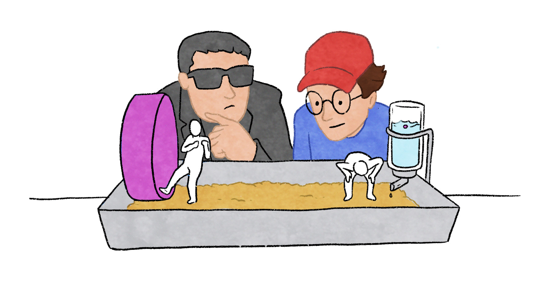 Man wearing sunglasses and man wearing red baseball cap looking quizzically at tiny people inside a hamster enclosure with an exercise wheel and animal water bottle.