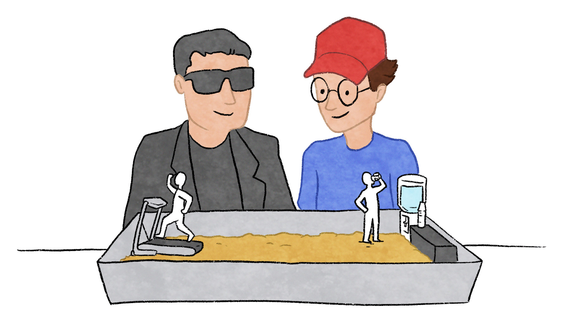 Man wearing sunglasses and man wearing red baseball cap looking proudly at tiny people inside a hamster enclosure with a treadmill and water cooler.